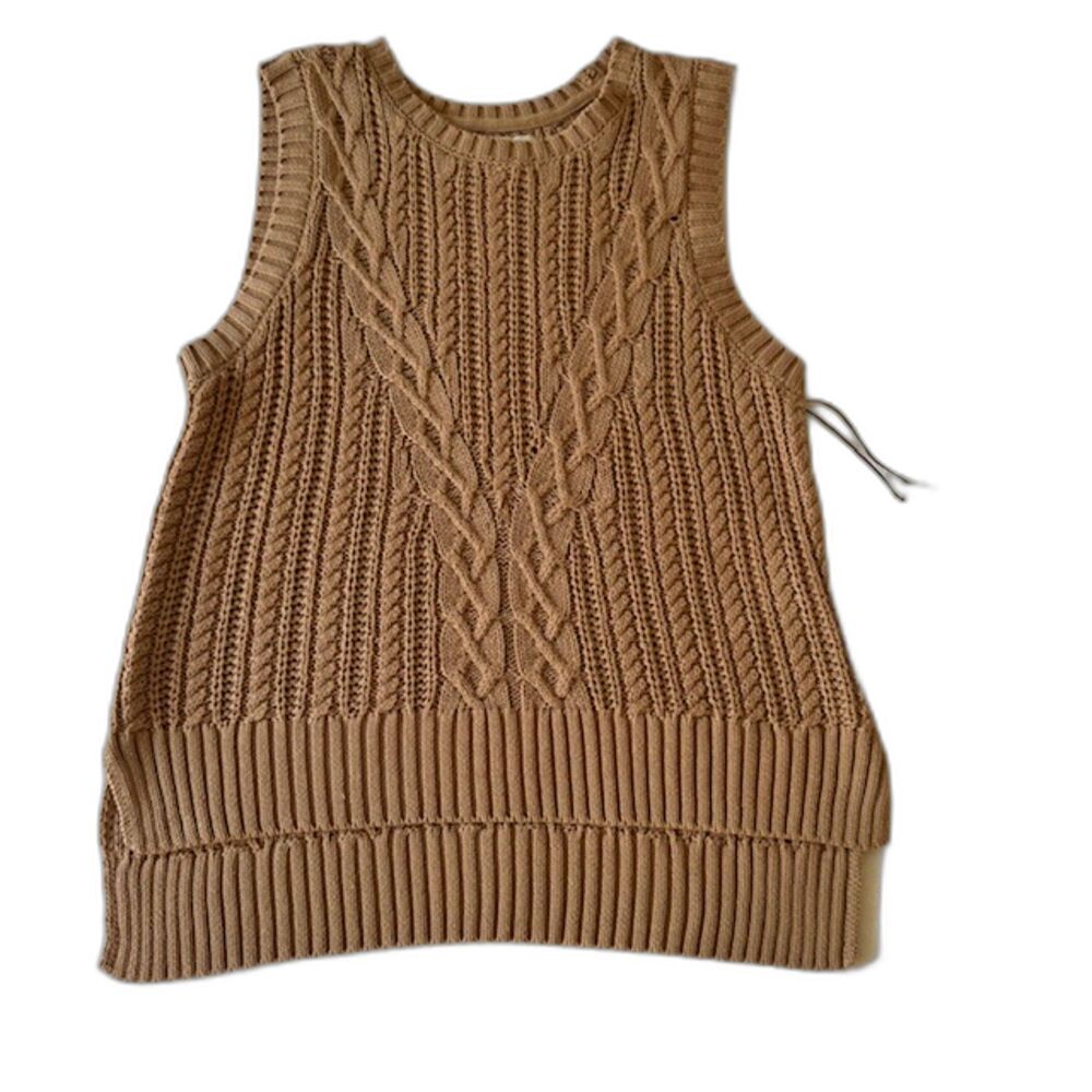 Rachel Zoe SZ M Cable Knit Vest Beige Tan Sleeveless Crew Neck High-Low Hem SOFT